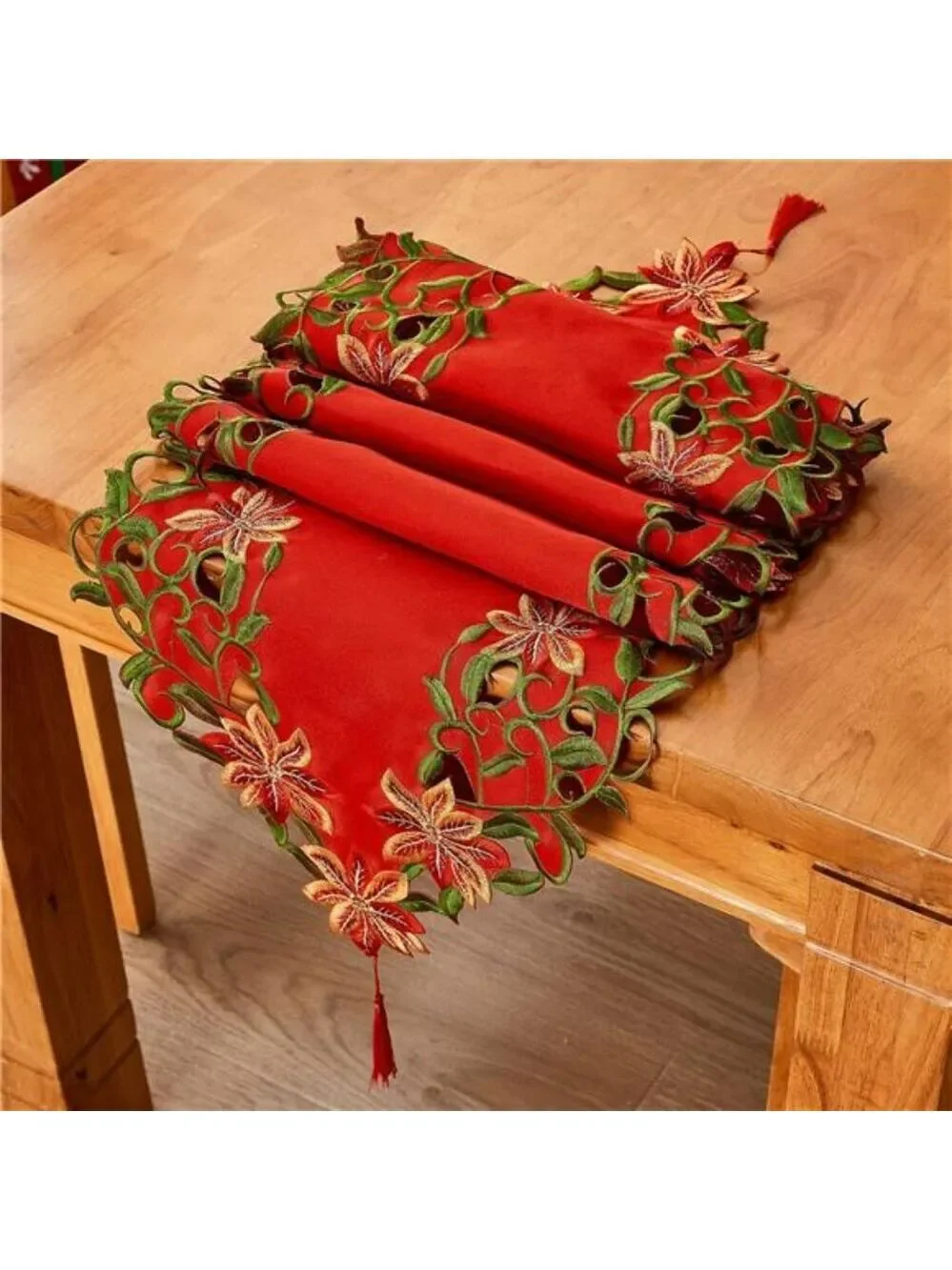 Christmas embroidered table runner red poinsettia green leaves holiday decor 69